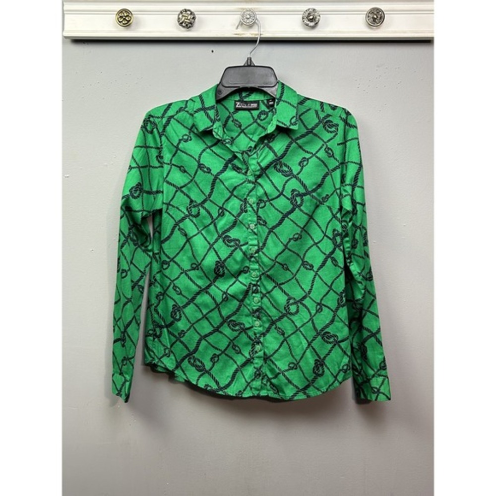 7th Avenue Shirt Womens XS Green Nautical Rope Print‎ Button Up Long Sleeve Top